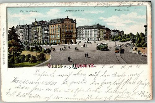Liegnitz 1900 Gartenstraße Breslauer Platz Parkstraße Straßenbahn Bahnpost Kohlfurt - Breslau Zug 440