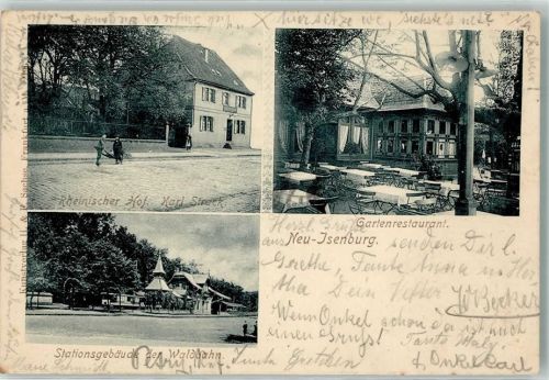 Neu-Isenburg Stationsgebäude der Waldbahn Gartenrestaurant Gasthaus Rheinischer Hof