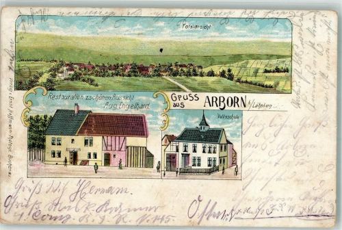 Arborn 1905 Lithographie Gasthaus zur schönen Aussicht Volksschule Loch in der Mitte