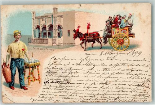 Palermo 1899 Chiesa della Catena Esel Kutsche Lithographie Beschnitten
