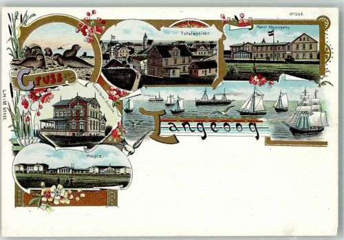 26465 W2941 Langeoog Lithographie Seehundbank Hospiz Konditorei Andree Segelboote Hotel Ahrenholtz