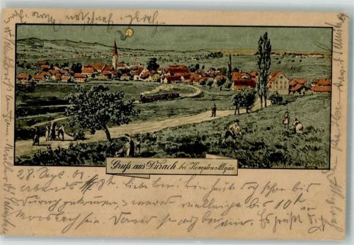 Durach 1908 Mondschein Eisenbahn Feldweg Bauer bei der Arbeit Lithographie
