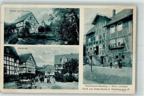 36211 W6445 Obergude - Dorfstraße Kirche Pfarrhaus Kolonialwaren-Handlung Leimbach