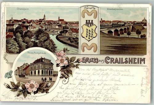 Crailsheim 1899 Lithographie Neues Postgebäude Eisenbahnbrücke