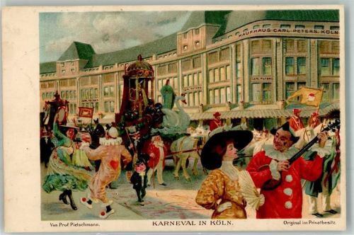W5021 Köln Altstadt-Nord 103 Karneval in Köln Kaufhaus Peters Haupteingang Zeppelinstraße Jecken Bahnpost Köln- Karneval Lithographie / Künstlerkarte
