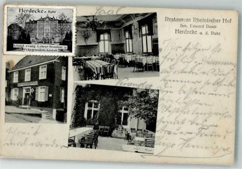 Herdecke Gasthaus Rheinischer Hof Gastraum Innenhof Kgl. ev. Lehrer-Seminar & Präparanden-Anstalt Foto AK