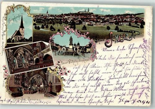 Schleiz 1900 Bahnpost Chemnitz Aue Zug 1772 26.6.00 Bergkirche Kaiser Wilhelm Denkmal