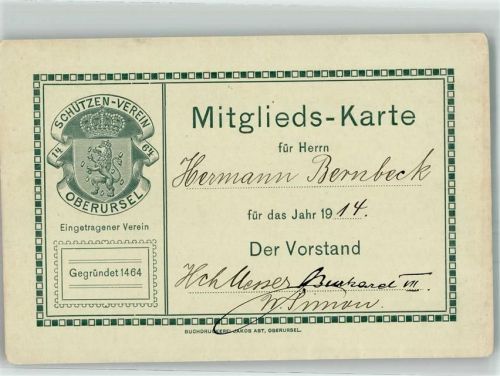 Oberursel Ephemera Mitgliedskarte 1914