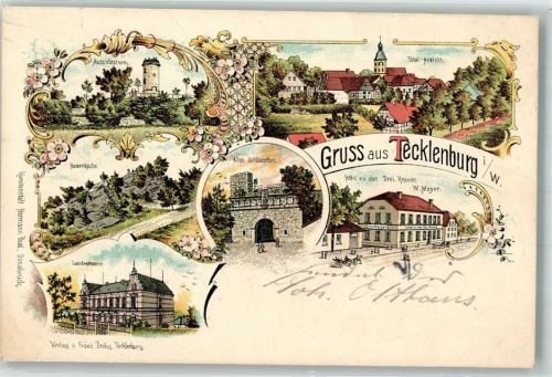 Tecklenburg 1901 Lithographie Hexenküche Landratsamt Aussichtsturm Altes Schloßtor Hotel zu den "Drei Kronen"
