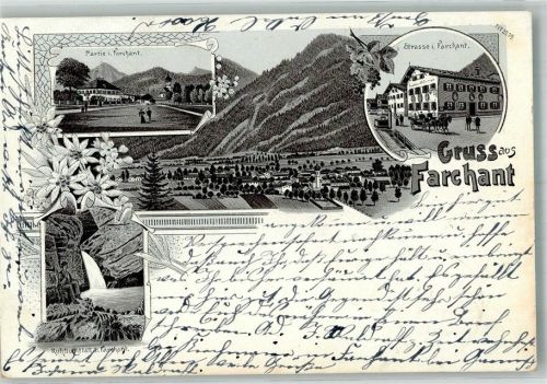 82490 W8105 Farchant 1899 Lithographie Kuhfluchtfall Dorfstrasse Edelweiss