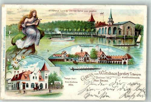 Niederschöneweide 1899 Gasthaus Loreley Die Loreley mit Harfe Bootshäuser Die Spree