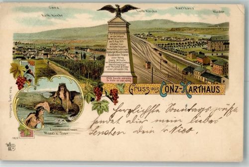 W5503 Konz Karthaus Kriegerdenkmal Meerjungfrau Mermaid Nixe 1905 Lithographie / Künstlerkarte