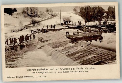 Gumbinnen 1916 Feldpost WK I Feldpostamt des XIII. Armeekorps Eisibrecharbeiten auf der Angerap bei Mühle Kisselen