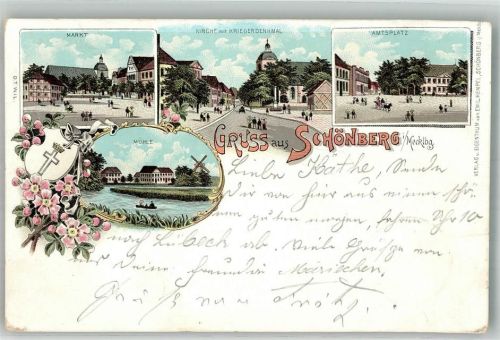 Schönberg 1898 Marktplatz Mühle Amtsplatz Wappen Bahnpost -Rostock