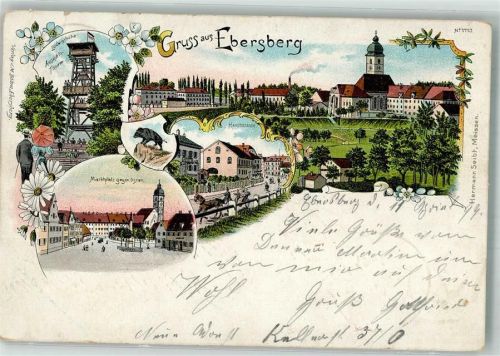 Ebersberg 1899 Kirche St. Sebastian Aussichtsturm Marktlatz Stadtwappen
