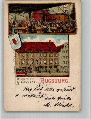 Augsburg 1901 Lithographie Brauerei zur gold'nen Gans Gaststube Stadtwappen