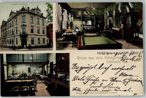 Limbach-Oberfrohna 1906 Gasthaus Palmgarten Gesellschaftssaal Gaststube Billardtisch Stempel Maler-Verein Palette