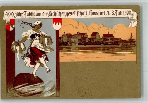 Haßfurt 1908 Lithographie 400 jähr. Jubiläum der Schützengesellschaft Hassfurt 1908 Wappen Kellnerin