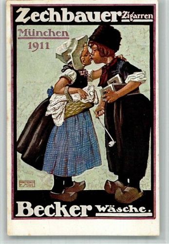 München Zechbauer Zigarren + Becker Wäsche Werbung sign. E. Stahl Trachten