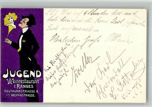 München 1898 Werbung Weinrestaurant Jugend Lithographie Karl & Weigmann München Künstler Schütz?