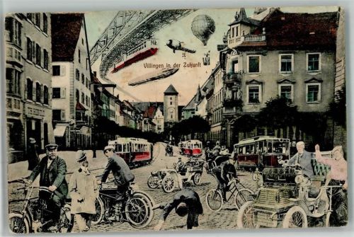 W7730 Villingen -Schwenningen Ballon Straßenbahn Zeppelin Motorrad 1910 Zukunft BOAKC