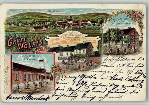 Wölfis 1902 Gasthaus Schankwirtschaft Materialwarengeschäft Oscar Drohm Gasthaus Zur STadt Ohrdruf E. Krausse Gasthaus E. Umbreit Radfahrer Station Lithographie