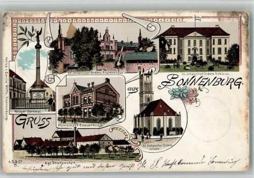 Sonnenburg Slonsk 1899 BOAKC Lithographie St. Johanniter Ordens Krankenhaus u. Schloss