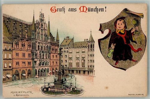 München 1888 Münchner Kindl Marienplatz Mariensäule Lithographie 3 zeiliger Balkenstempel