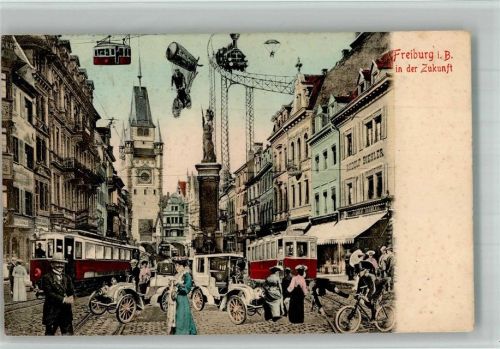 Freiburg 1907 Fotomontage Fahhrad in der Luft, Eisenbahn Straßenbahn Automobil
