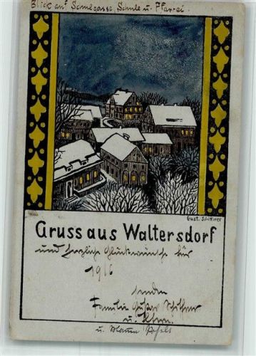 Waltersdorf 1916 Handgemalte Künstlerkarte Schulgasse Schule Pfarrei von Gust. Schiffner