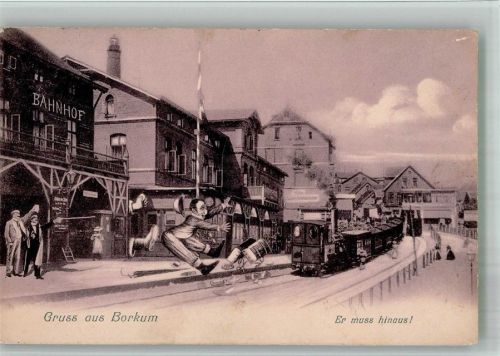 Borkum 1905 Er muß hinaus ! Fußtritt für den Jude Bahnhof Eisenbahn