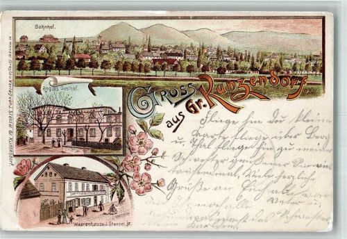 Kunzendorf Kruszowice 1900 BOAKC Bahnhof Gasthaus Bahnpost Dt.Wette-Grosskunzendorf Zug 936 Lithographie