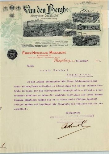 Cleve Geschäftsbrief von 1906 Van den Berghs Margarine