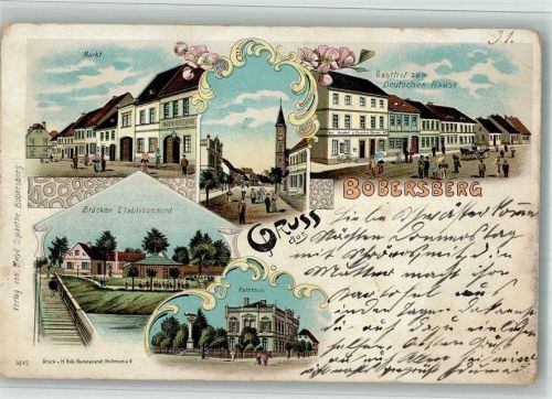 Bobersberg Bobrowice 1901 BOAKC Rathaus Gasthaus zum Deutschen hause Marktplatz Lithographie