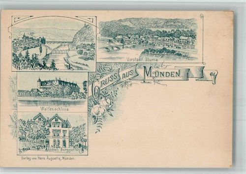 Münden Vorläufer Druck um 1880 - 1889 Welfenschloß Vorstadt Blume Andree's Berggarten