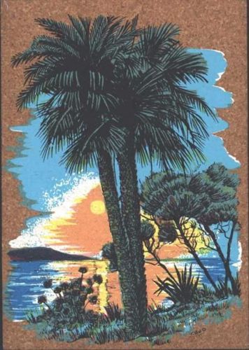 Sonnenuntergang am Meer mit Palmen Korkkarte AK aus Kork