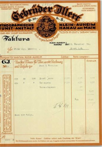 Klein-Auheim Rechnung von 1930 Gebrüder Illert Lithographische Kunst-Anstalt