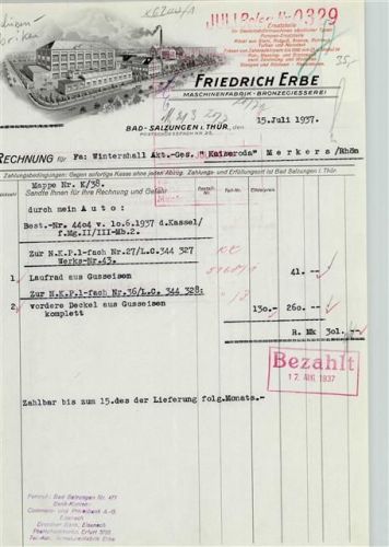 Bad Salzungen Rechnung von 1937 Friedrich Erbe Maschinenfabrik Bronzegiesserei