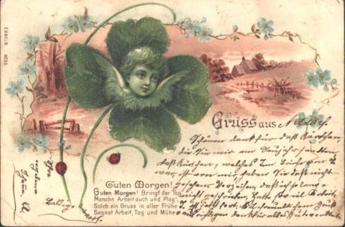 Baar Grußkarte von 1901 mit Kindergesicht im Kleeblatt und Landschaftsimpression im Hintergrund , AK mit aufmontierten Perlen