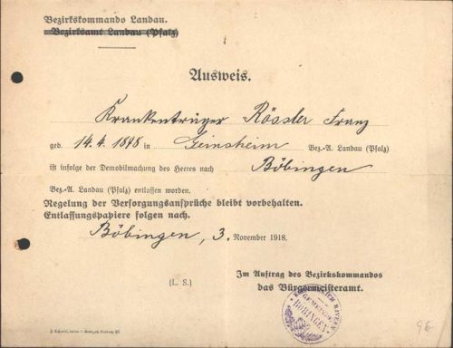 Landau Entlassungsausweis von 1878