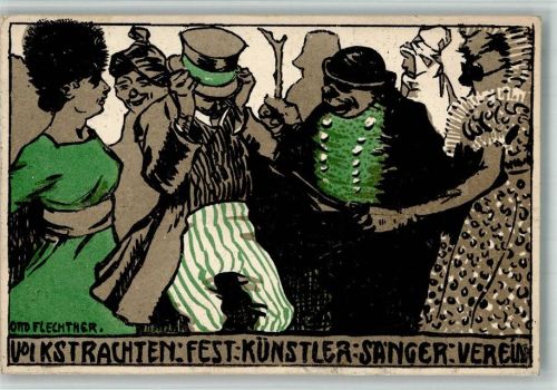 München 1908 sign. Otto Flechtner Volkstrachten Fest Künstler Sänger Verein