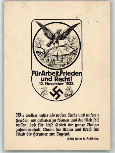 Darmstadt 1934 Für Arbeit, Freden und Recht Spruch von Adolf Hitler in Kehlheim Ort lt. Stempel