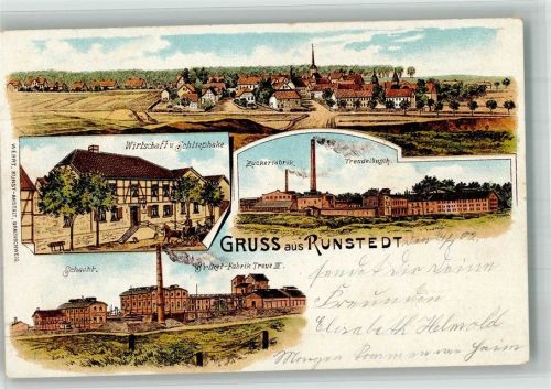 Helmstedt 1902 Lithographie Runstedt Zuckerfabrik Trendelbusch Gasthaus Schliephake Schacht Briket-Fabrik Treue III
