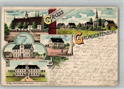 09648 O9251 Grünlichtenberg BOAKC Lithographie Schloss Pfarre Schule Post Bäckerei