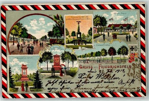 Friedrichsfeld 1906 Lithographie Bahnpost Oberhausen Emmerich Zug 501 24.7.02 Wilhelm Straße Denkmal gestiftet v. d. Prinzessin Friedrich Karl Offiziers Kasino Franzosen Friedhof