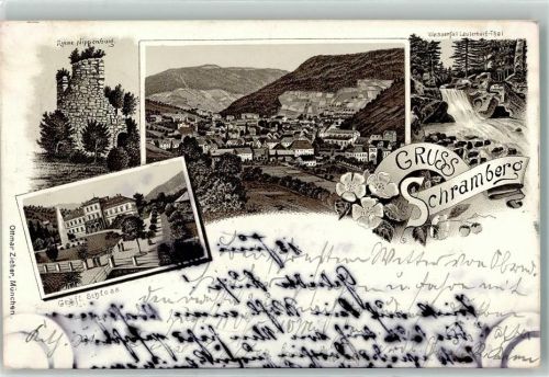 Schramberg 1899 Lithographie Ruine Nippenburg Gräfl. Schloss Wasserfall Lauterbachtal Ottmar Zieher