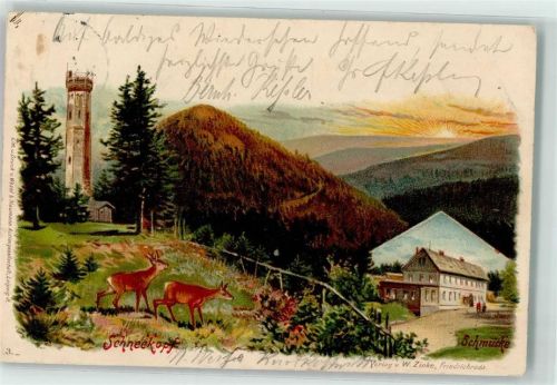 Gehlberg 1900 Lithographie Schneekopf Schneekopfturm Schmücke Reh