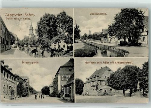Appenweier 1913 bei der Kirche Gasthaus zum Adler mit Kriegerdenkmal