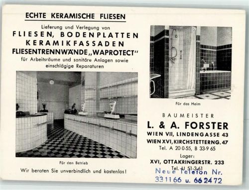 Wien 7. Bezirk, Neubau Echte Keramische Fliesen Baumeister L und A.Forster Geschäftskorrespondenz Innenarchitektur KEINE AK