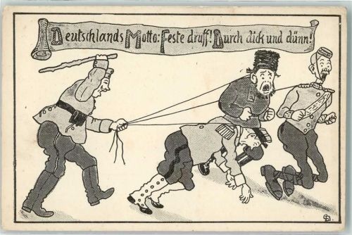 sign. CD Deutscher Soldat haut mit einem Knüppel auf Franzosen Russen und Engländer ein Deutschlands Motto: Feste druff! Durch dick und dünn! Verlag Martin Baumann Nr. 4